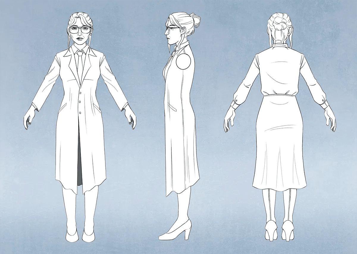Diseño de personaje en línea con vistas frontal, perfil y trasera de una científica con bata de laboratorio y gafas, de Eva de José, alumna de Concept Art en TRAZOS