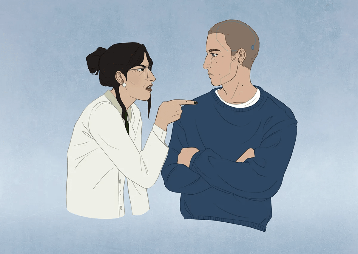 Escena a color de una científica con bata señalando con el dedo a un joven de brazos cruzados con jersey azul, de Eva de José, alumna de Concept Art en TRAZOS