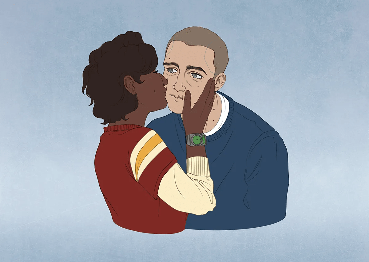 Ilustración a color de una pareja en un momento íntimo, ella besa la mejilla de el mientras le sujeta la cara, de Eva de José, alumna de Concept Art en TRAZOS