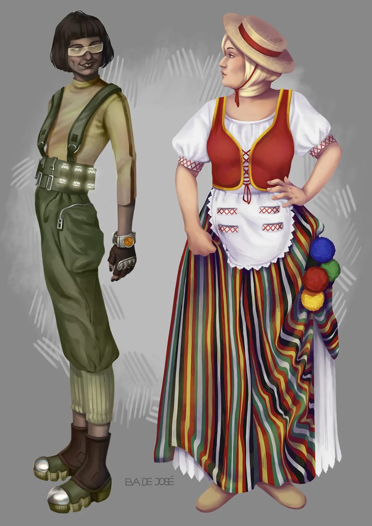 Concept art a color de dos personajes femeninos, una exploradora con tirantes y gafas y una mujer con traje folclórico de falda rayada, de Eva de José, alumna de Concept Art en TRAZOS