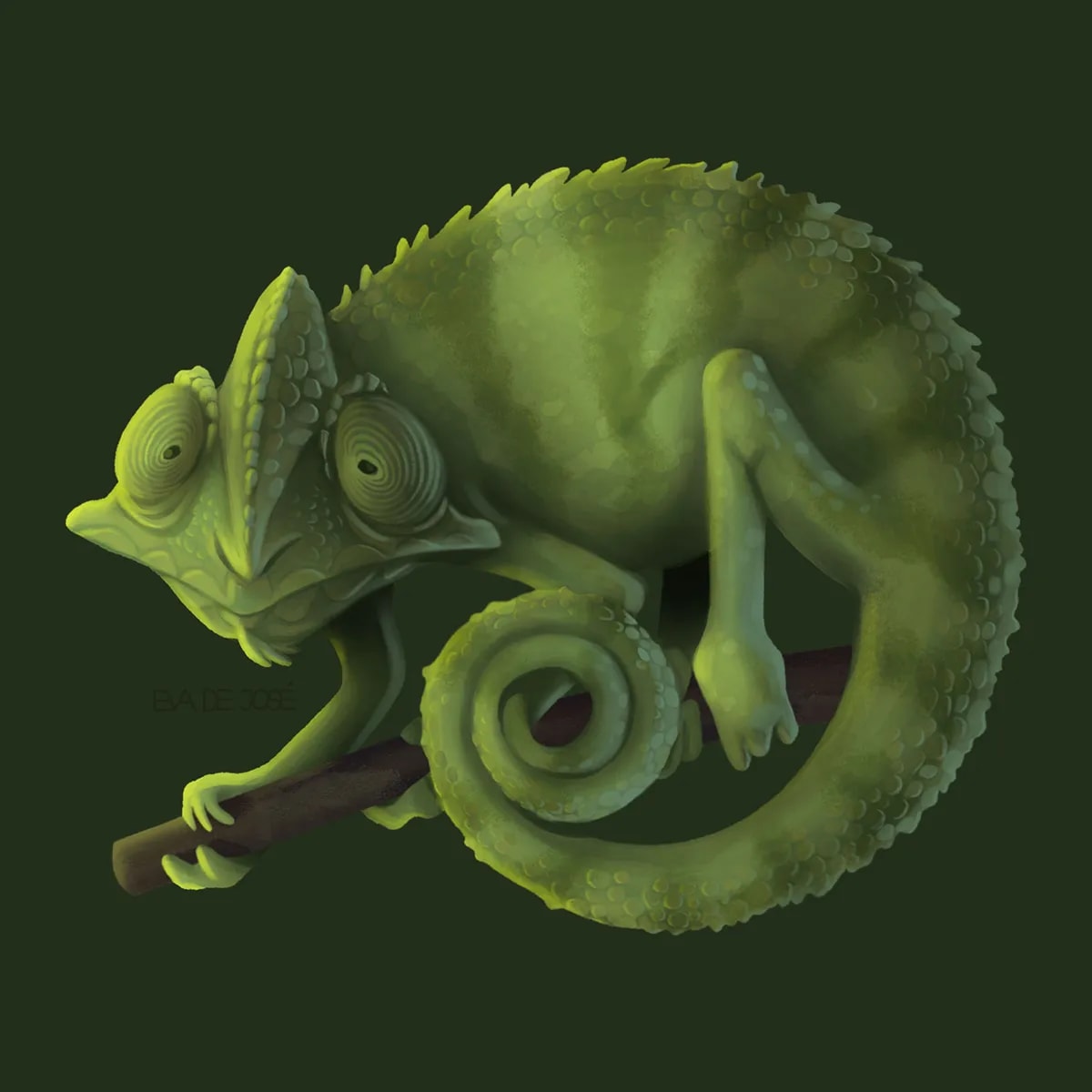 Concept art a color de un camaleón verde enroscado en una rama, de Eva de José, alumna de Concept Art en TRAZOS