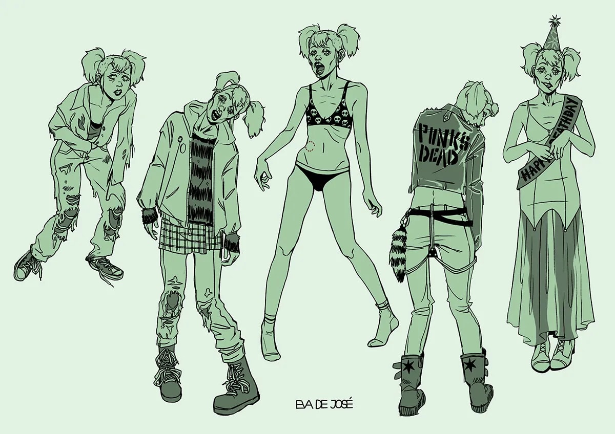 Estudio monocromo de poses de una chica con estética punk y coletas en distintas actitudes, de Eva de José, alumna de Concept Art en TRAZOS