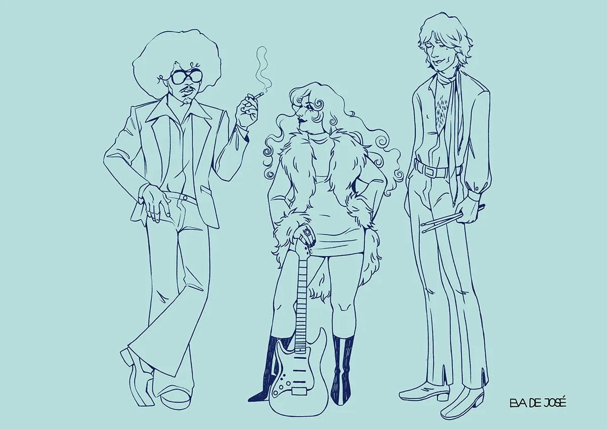 Dibujo en línea de tres músicos de rock con estética de los años setenta, uno con guitarra eléctrica, de Eva de José, alumna de Concept Art en TRAZOS