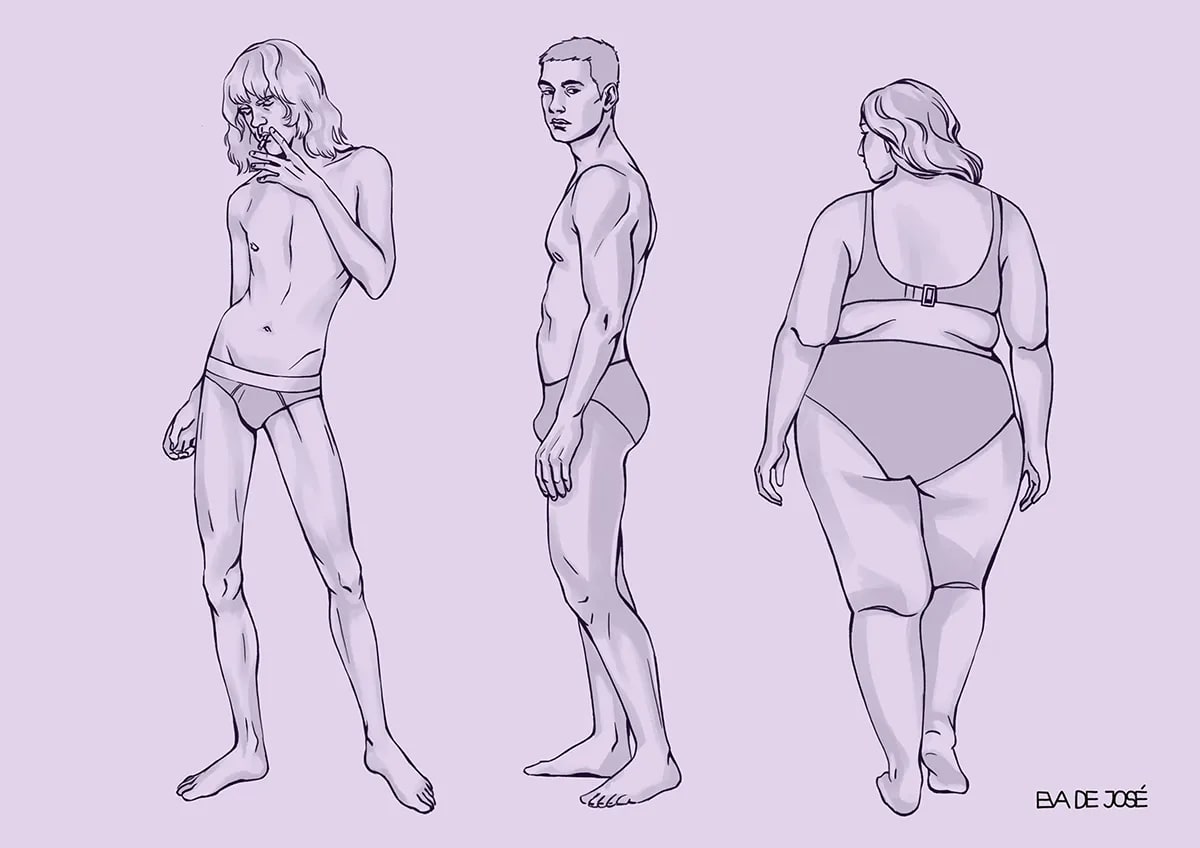 Estudio de anatomía con tres figuras humanas de complexiones distintas en ropa interior, de Eva de José, alumna de Concept Art en TRAZOS