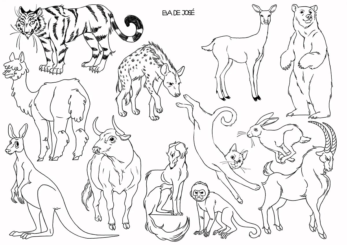 Lámina de estudio en línea con múltiples animales, tigre, hiena, ciervo, oso, llama, canguro y otros, de Eva de José, alumna de Concept Art en TRAZOS