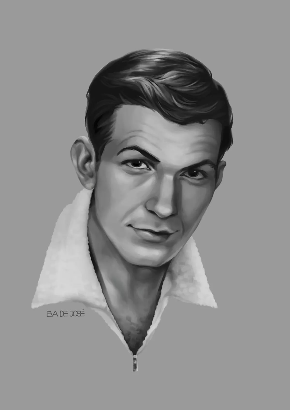 Retrato a escala de grises de un hombre joven con tupe y cuello de borrego, de Eva de José, alumna de Concept Art en TRAZOS