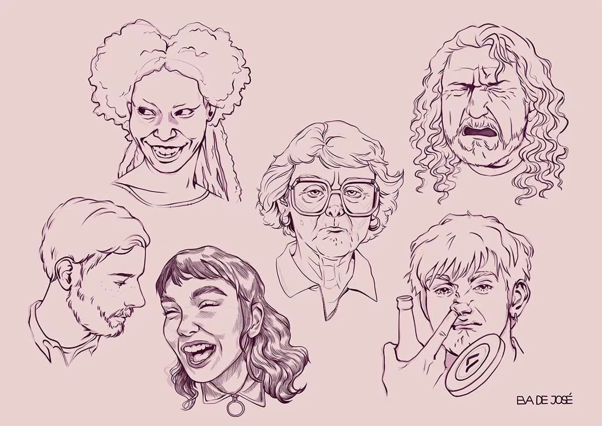 Lámina de estudio en línea con varios rostros y expresiones faciales de distintos personajes, de Eva de José, alumna de Concept Art en TRAZOS
