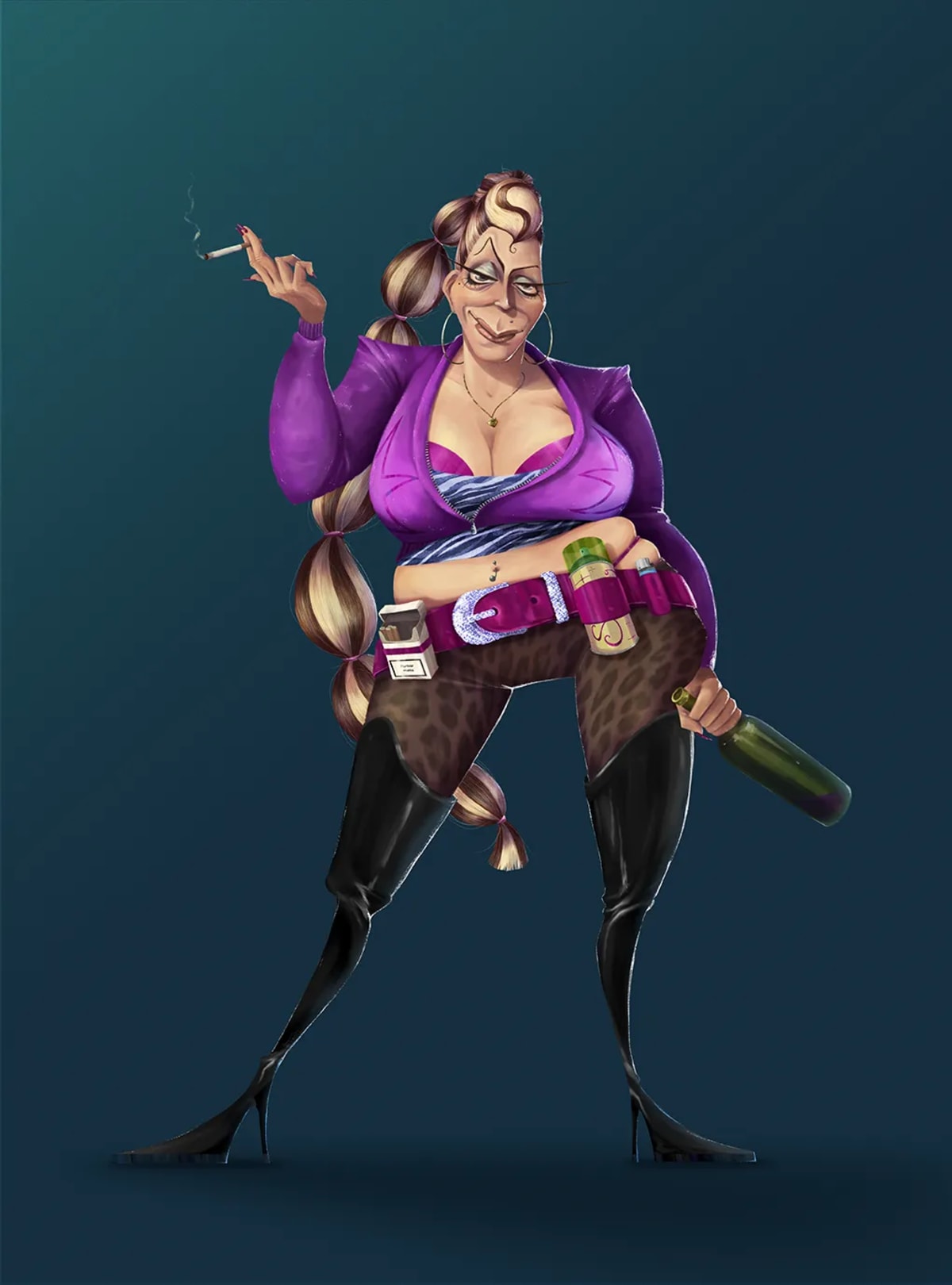 Ilustración de cuerpo entero de una mujer extravagante con chaqueta morada y botas, de Sofía Blasco, alumna de Concept Art en TRAZOS