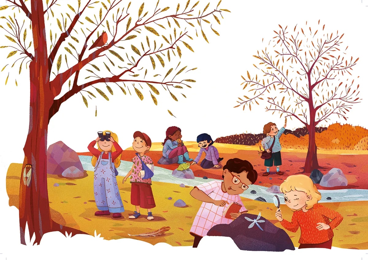 Ilustración de estilo infantil de unos niños jugando junto a un río en otoño, de Sofía Blasco, alumna de Concept Art en TRAZOS