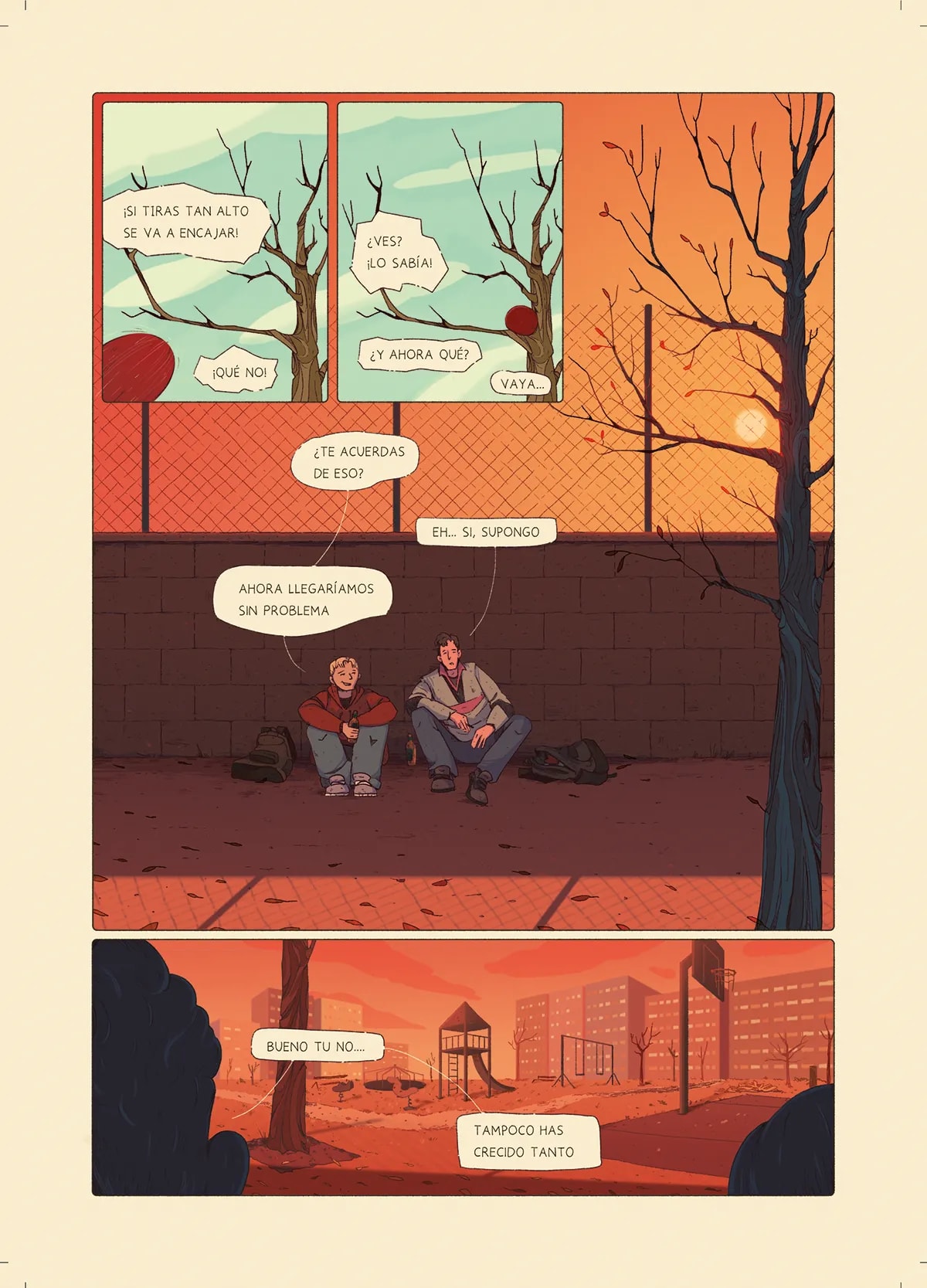 Página de cómic en tonos naranjas con dos jóvenes conversando en un parque al atardecer, de Sofía Blasco, alumna de Concept Art en TRAZOS