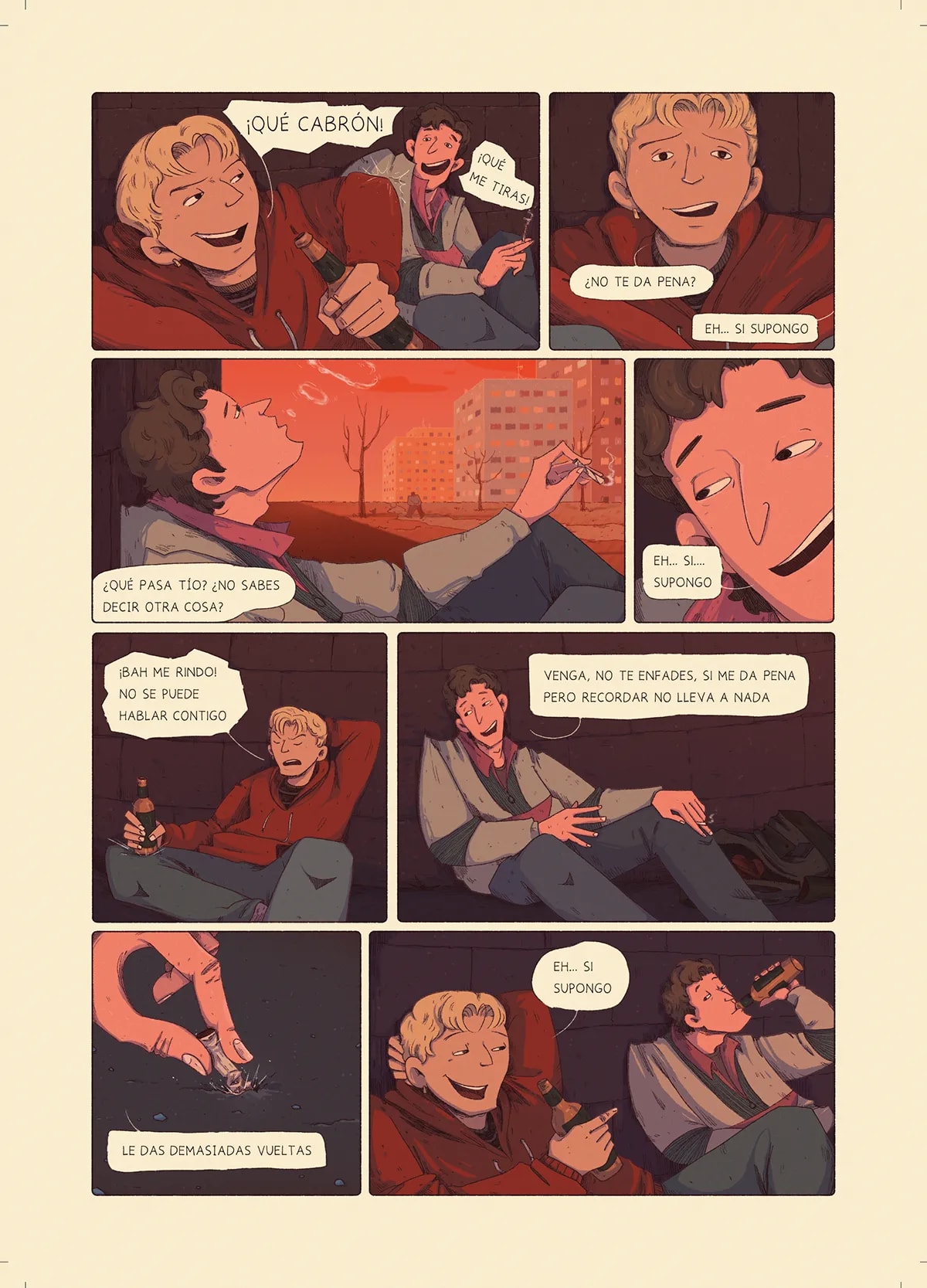 Página de cómic con varias viñetas de dos jóvenes hablando en tonos cálidos, de Sofía Blasco, alumna de Concept Art en TRAZOS