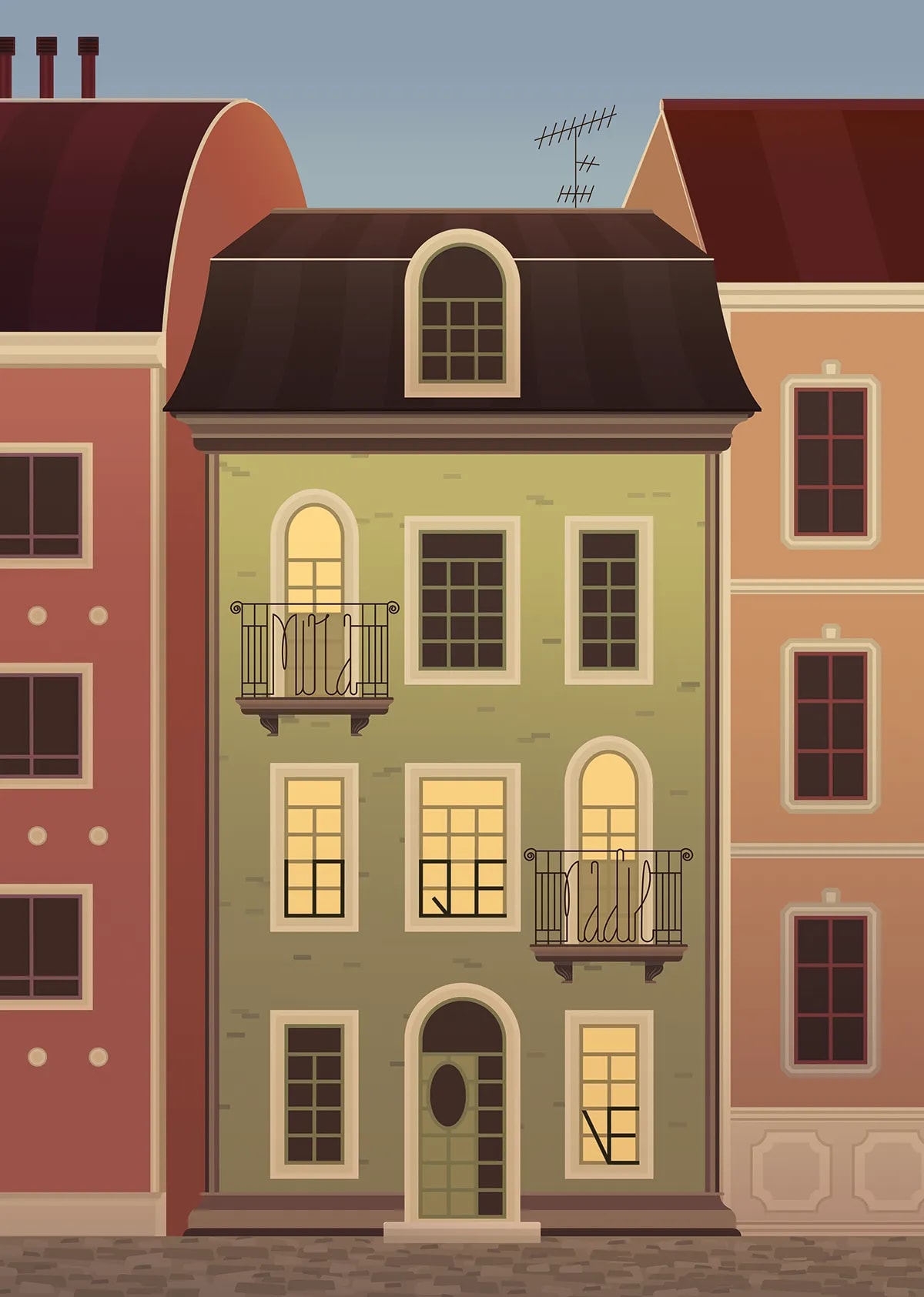 Ilustración vectorial de la fachada de un edificio antiguo entre dos casas, de Sofía Blasco, alumna de Concept Art en TRAZOS