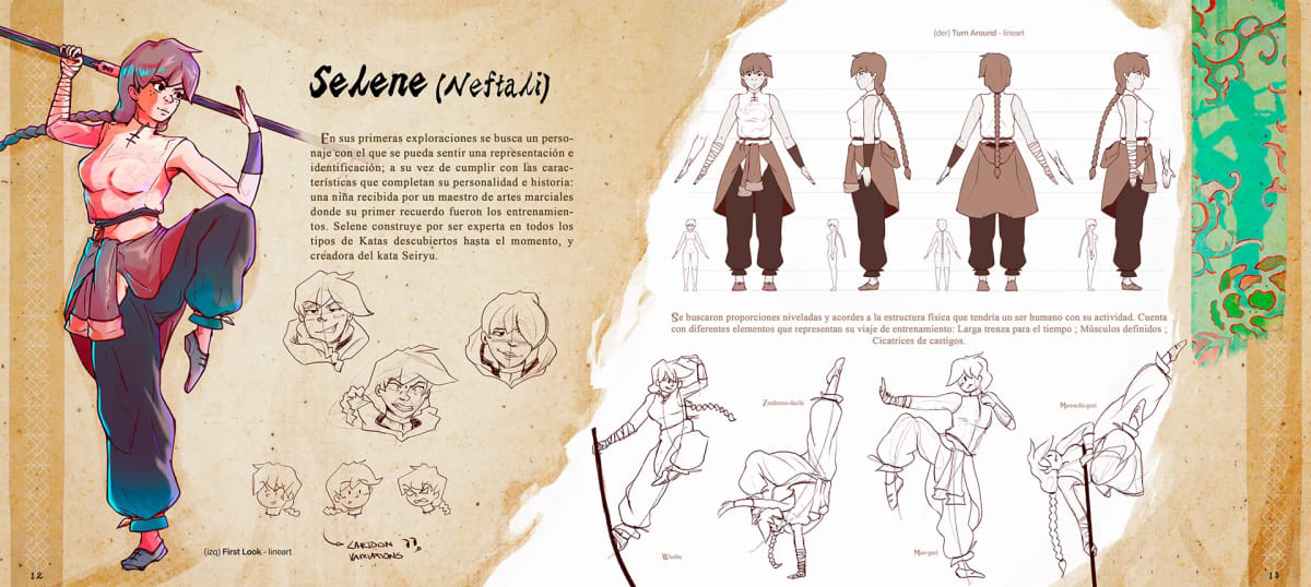 Hoja de diseño del personaje Selene con ilustración, miniaturas de expresiones y estudios de pose, de Alondra Gutiérrez, alumna de Concept Art en TRAZOS