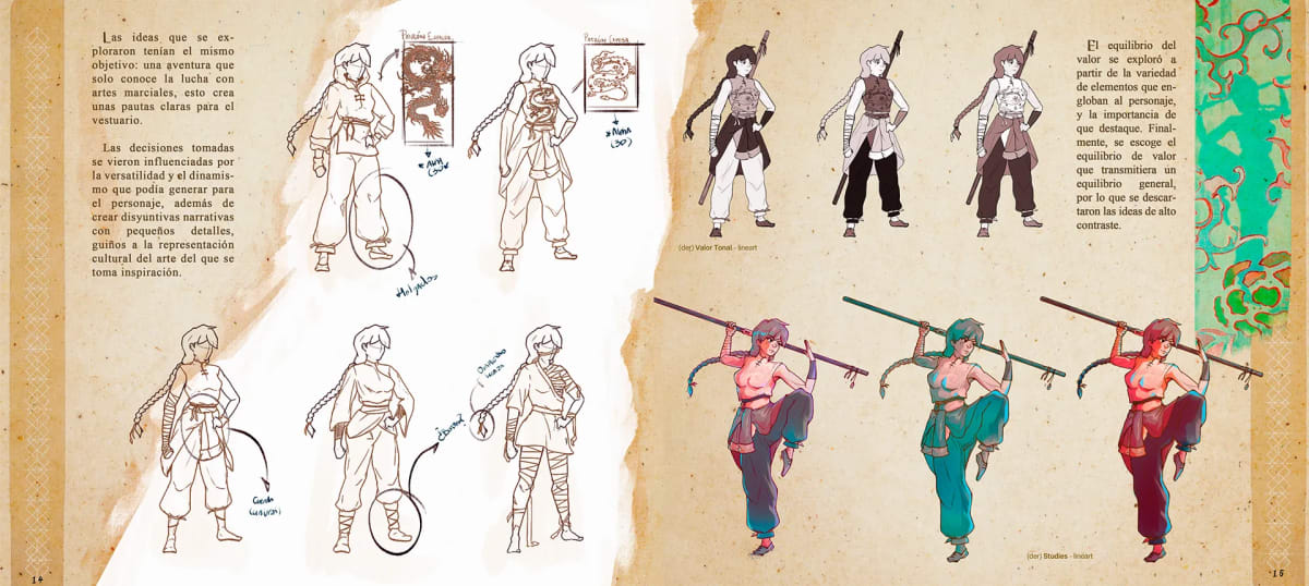 Bocetos de exploración de vestuario y poses del personaje Selene con estudios de color, de Alondra Gutiérrez, alumna de Concept Art en TRAZOS