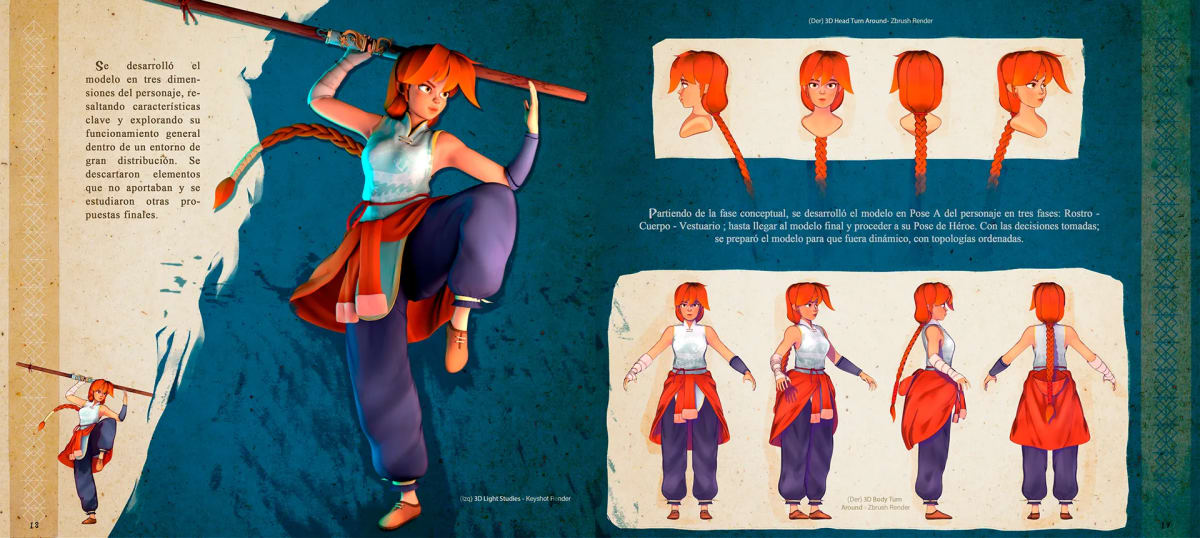 Modelo 3D del personaje Selene en pose dinámica junto a su turnaround y estudio de expresiones, de Alondra Gutiérrez, alumna de Concept Art en TRAZOS