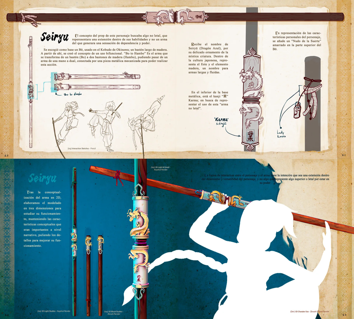 Hoja de diseño del arma Seiryu, un bastón largo con detalles de dragón azul, con planos y estudios de uso, de Alondra Gutiérrez, alumna de Concept Art en TRAZOS