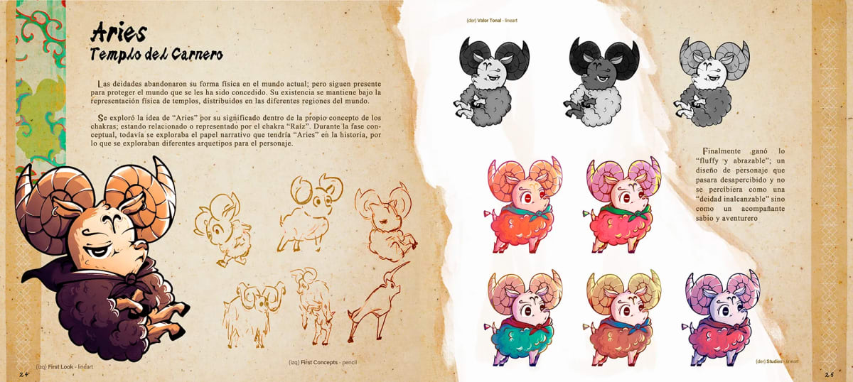 Hoja de diseño de Aries, una criatura con cuernos de carnero, con bocetos de exploración y variantes de color, de Alondra Gutiérrez, alumna de Concept Art en TRAZOS