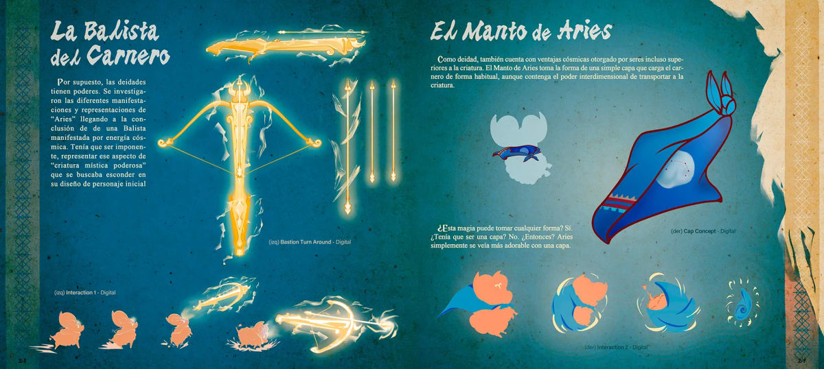 Diseño de props la Ballesta del Carnero y el Manto de Aries con variantes de color, de Alondra Gutiérrez, alumna de Concept Art en TRAZOS