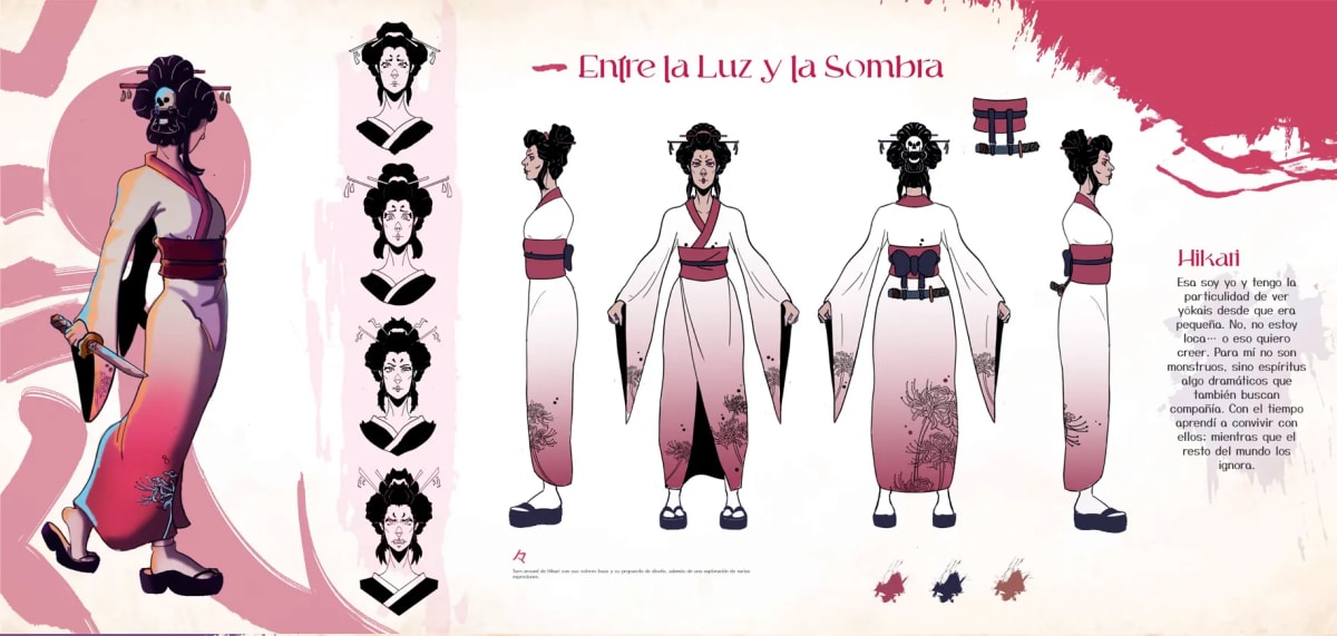 Hoja de turnaround del personaje Hikari con su kimono y propuesta de color, del proyecto Entre la Luz y la Sombra, de Ilustración y Animación 2D en TRAZOS