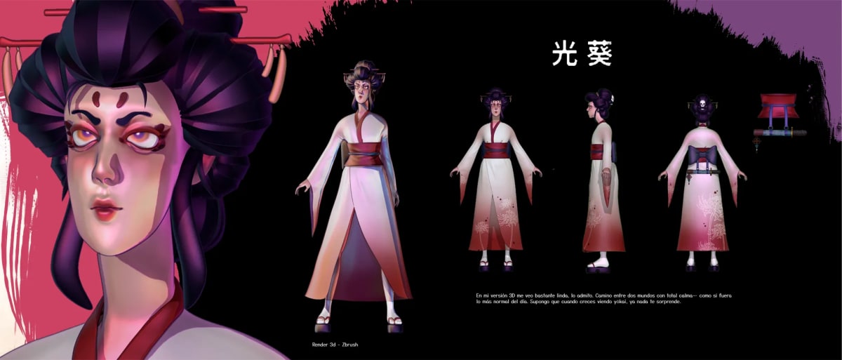Render 3D en ZBrush del personaje Hikari con su kimono, del proyecto Entre la Luz y la Sombra, de Ilustración y Animación 2D en TRAZOS