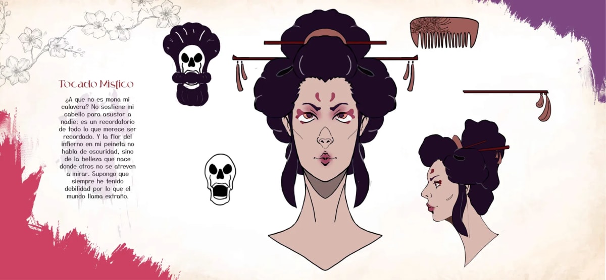 Diseño del tocado y peineta con calavera del personaje Hikari, del proyecto Entre la Luz y la Sombra, de Ilustración y Animación 2D en TRAZOS