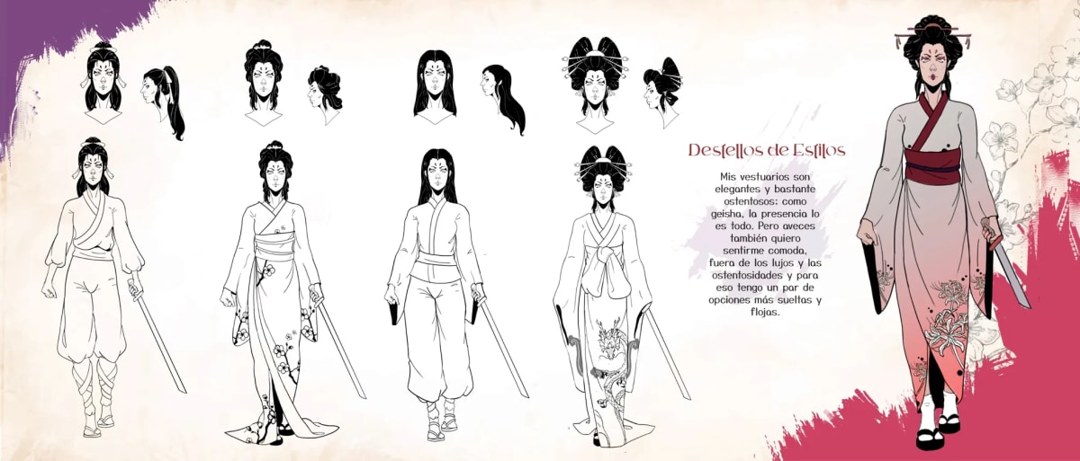 Hoja de exploración de vestuario y peinados del personaje Hikari, del proyecto Entre la Luz y la Sombra, de Ilustración y Animación 2D en TRAZOS