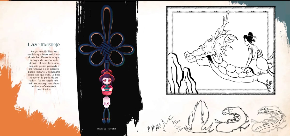 Diseño del amuleto lazo invisible e ilustración de Hikari sobre el dragón Koryu, del proyecto Entre la Luz y la Sombra, de Ilustración y Animación 2D en TRAZOS