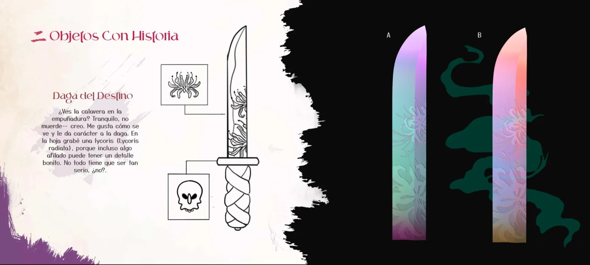 Diseño de la daga del destino con flor lycoris grabada, del proyecto Entre la Luz y la Sombra, de Ilustración y Animación 2D en TRAZOS