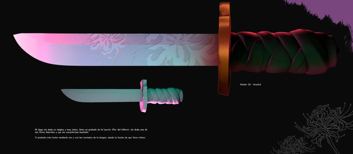 Render 3D en KeyShot de la daga del destino con grabado de lycoris, del proyecto Entre la Luz y la Sombra, de Ilustración y Animación 2D en TRAZOS