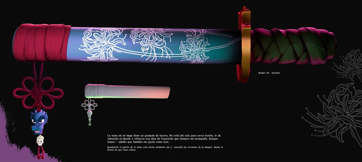 Render 3D en KeyShot de la vaina de la daga con grabado de lycoris y amuleto, del proyecto Entre la Luz y la Sombra, de Ilustración y Animación 2D en TRAZOS