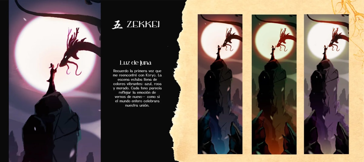 Ilustración clave de Hikari reencontrándose con el dragón Koryu bajo la luna, con variaciones de color, del proyecto Entre la Luz y la Sombra, de Ilustración y Animación 2D en TRAZOS