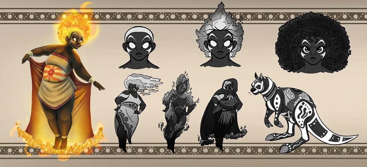 Hoja de diseño de un personaje diosa del fuego con sus expresiones, peinados y una criatura compañera, de Sandra Cendrero, alumna de Ilustración y Animación 2D en TRAZOS