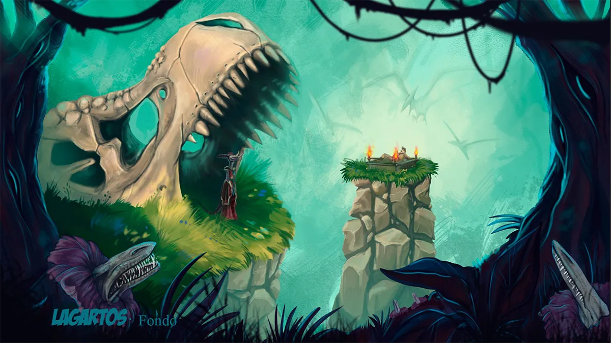 Ilustración de fondo de una selva con un cráneo de dinosaurio gigante y criaturas lagarto del proyecto Lagartos, de Sandra Cendrero, alumna de Ilustración y Animación 2D en TRAZOS