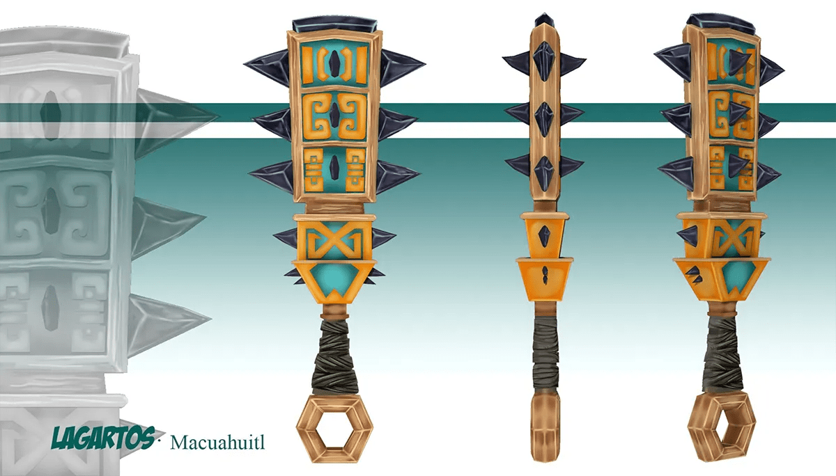 Diseño de prop de un macuahuitl de estilo azteca visto desde varios ángulos del proyecto Lagartos, de Sandra Cendrero, alumna de Ilustración y Animación 2D en TRAZOS