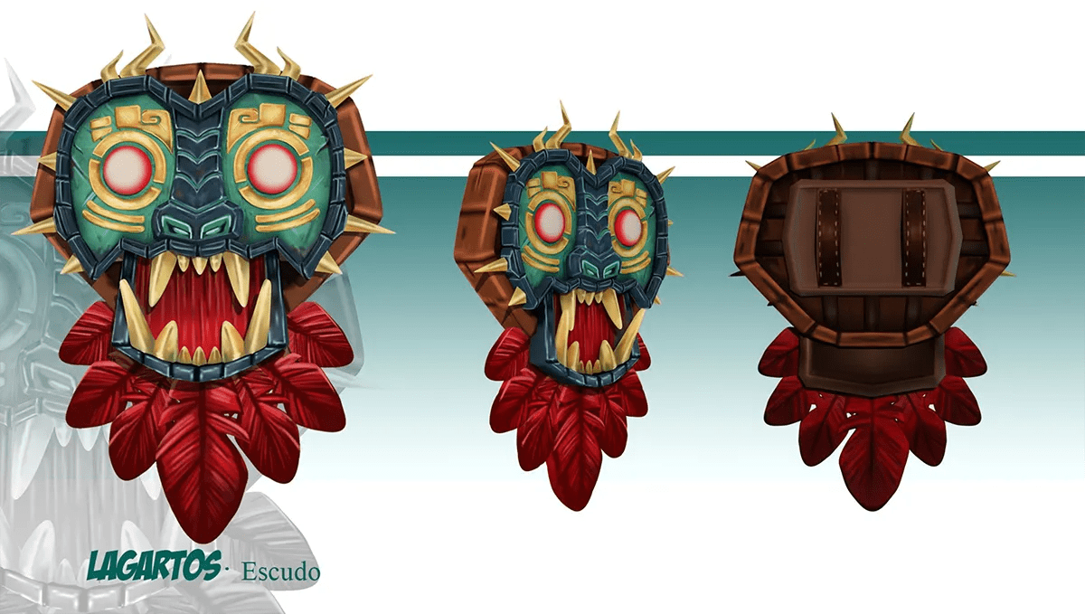 Diseño de prop de un escudo con máscara de estilo azteca visto desde varios ángulos del proyecto Lagartos, de Sandra Cendrero, alumna de Ilustración y Animación 2D en TRAZOS