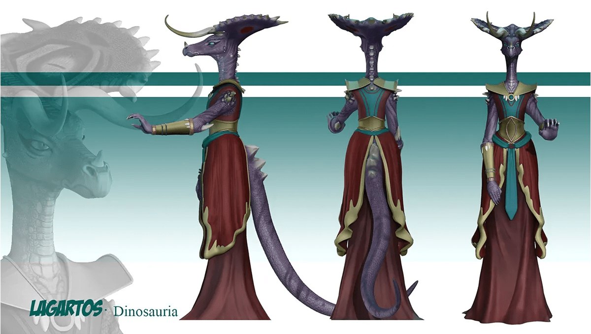 Turnaround del personaje Dinosauria, una humanoide reptiliana con túnica, del proyecto Lagartos, de Sandra Cendrero, alumna de Ilustración y Animación 2D en TRAZOS