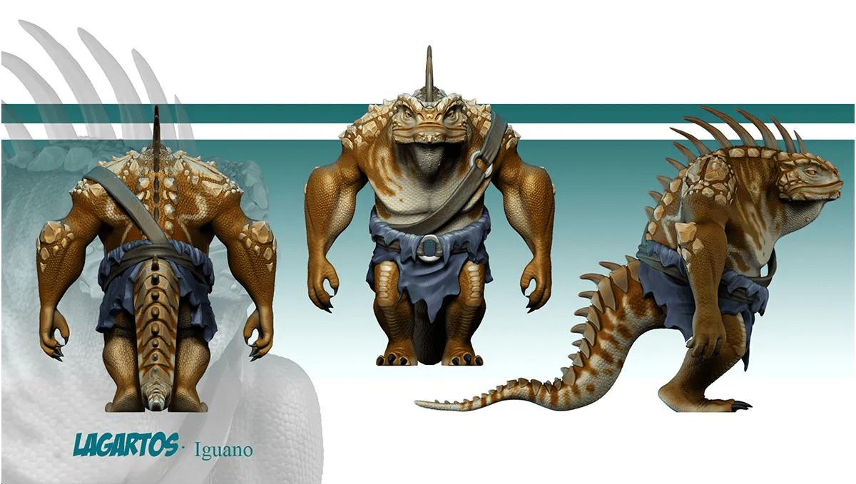 Turnaround del personaje Iguano, un guerrero humanoide lagarto musculoso, del proyecto Lagartos, de Sandra Cendrero, alumna de Ilustración y Animación 2D en TRAZOS