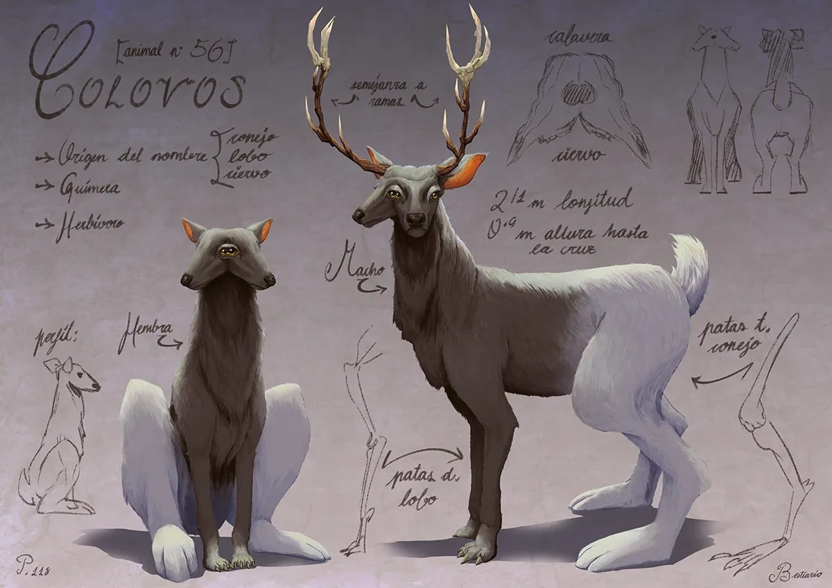 Lámina completa de bestiario de la quimera Colovos con macho, hembra y detalles anatómicos, de Daniela Pérez, alumna de Ilustración y Animación 2D en TRAZOS