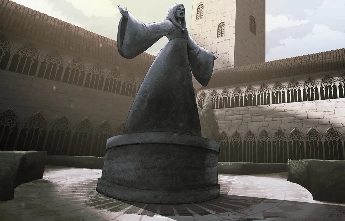 Ilustración de una estatua de piedra de una mujer encapuchada en un claustro gótico, de Daniela Pérez, alumna de Ilustración y Animación 2D en TRAZOS