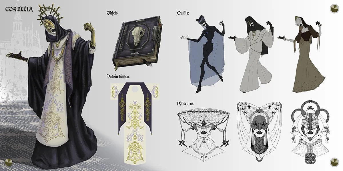 Lámina de diseño del personaje Cordelia, una sacerdotisa enmascarada de túnica oscura, con outfits y máscaras, de Daniela Pérez, alumna de Ilustración y Animación 2D en TRAZOS