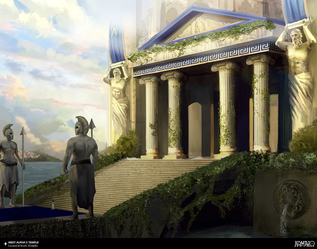 Concept art de un templo griego con estatuas guardianas junto al mar, del proyecto Olympio, de Ilustración y Animación 2D en TRAZOS