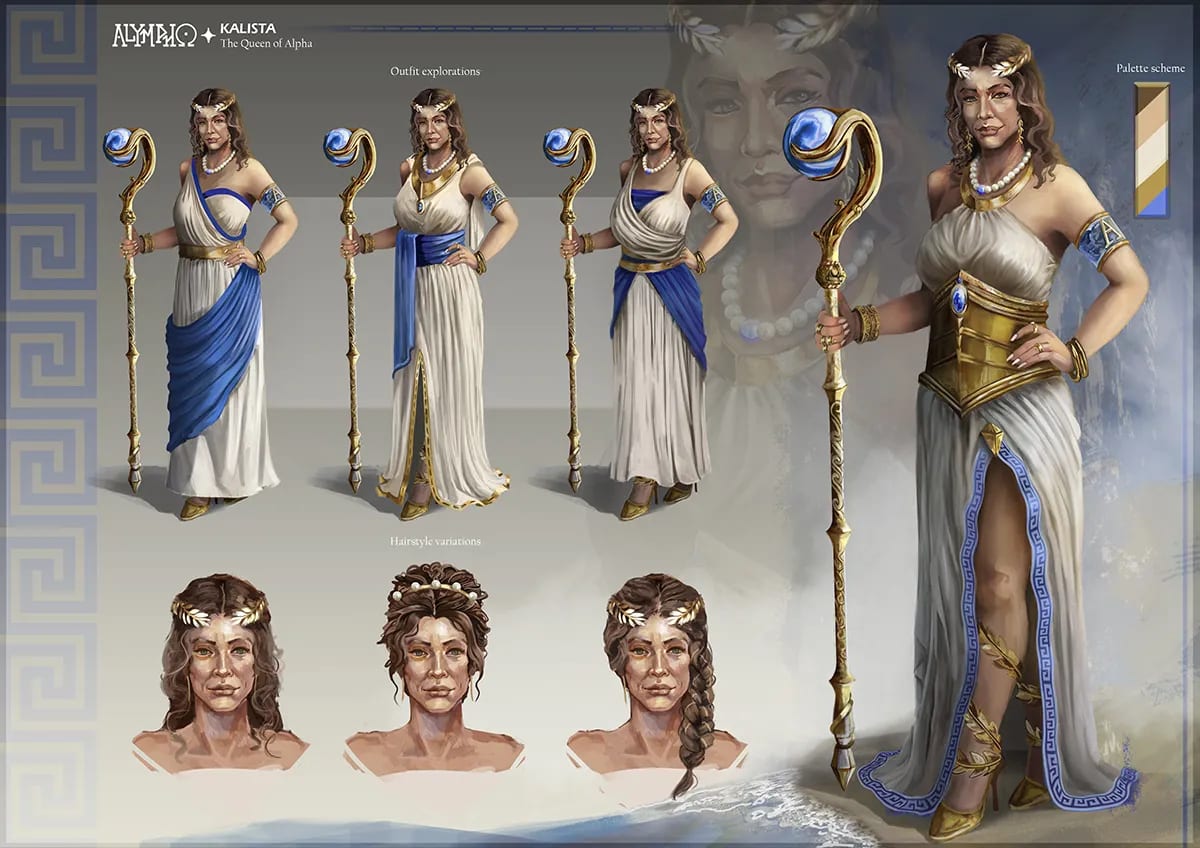 Hoja de diseño del personaje Kalista, reina de Alpha, con exploraciones de vestuario y peinados, del proyecto Olympio, de Ilustración y Animación 2D en TRAZOS