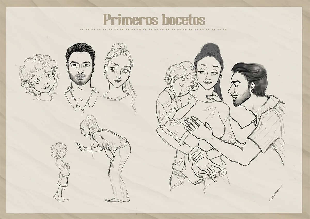 Primeros bocetos a lápiz de los personajes de una familia, de Inés Pérez Carrillo, alumna de Ilustración y Animación 2D en TRAZOS