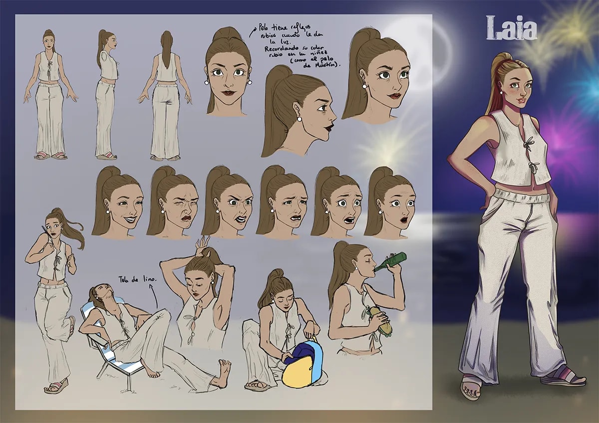Hoja de diseño del personaje Laia con turnaround, expresiones y poses, de Inés Pérez Carrillo, alumna de Ilustración y Animación 2D en TRAZOS