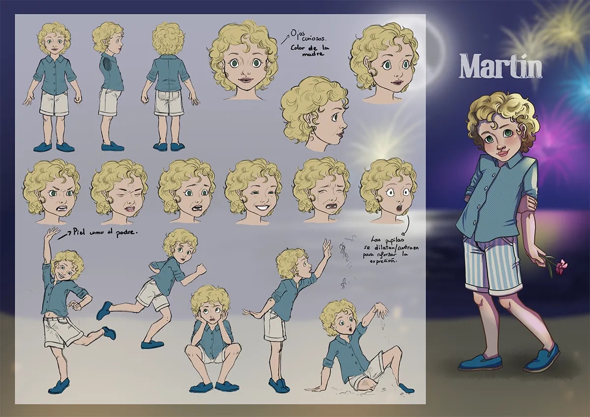 Hoja de diseño del niño Martín con turnaround, expresiones y poses, de Inés Pérez Carrillo, alumna de Ilustración y Animación 2D en TRAZOS