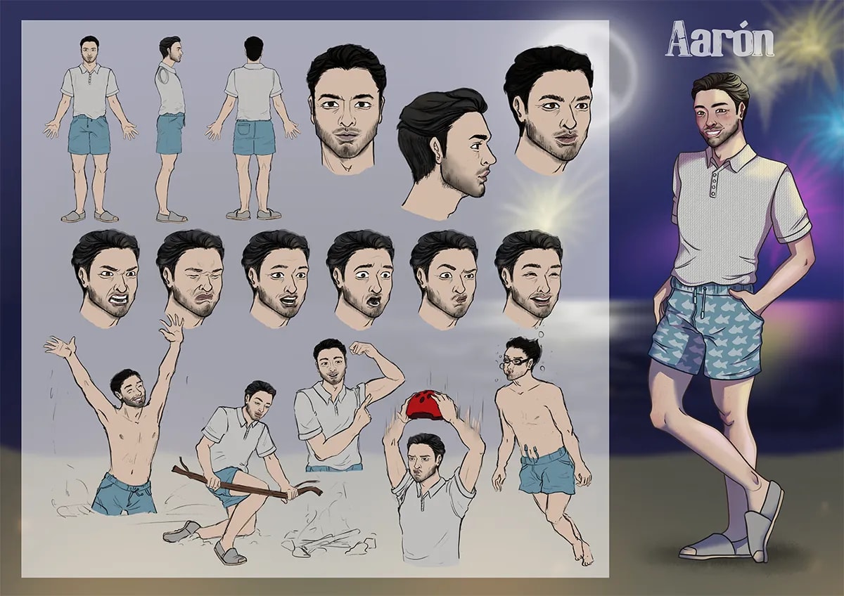 Hoja de diseño del personaje Aarón con turnaround, expresiones y poses, de Inés Pérez Carrillo, alumna de Ilustración y Animación 2D en TRAZOS