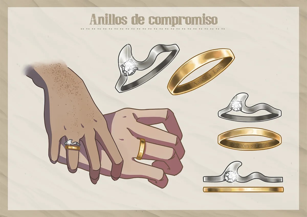 Diseño de anillos de compromiso en manos entrelazadas, de Inés Pérez Carrillo, alumna de Ilustración y Animación 2D en TRAZOS