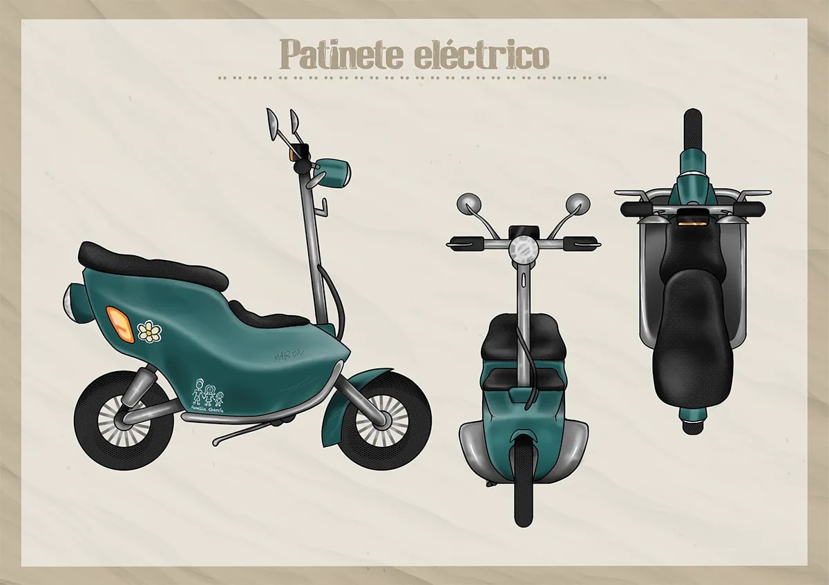 Diseño de un patinete eléctrico en vistas lateral, frontal y superior, de Inés Pérez Carrillo, alumna de Ilustración y Animación 2D en TRAZOS