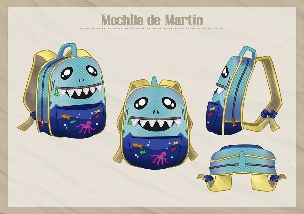 Diseño de una mochila infantil con forma de tiburón en varias vistas, de Inés Pérez Carrillo, alumna de Ilustración y Animación 2D en TRAZOS