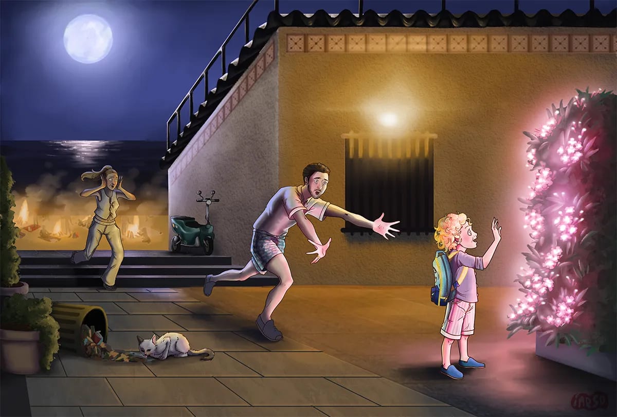 Escena nocturna de un padre corriendo hacia un niño junto a una gata callejera y el mar al fondo, de Inés Pérez Carrillo, alumna de Ilustración y Animación 2D en TRAZOS